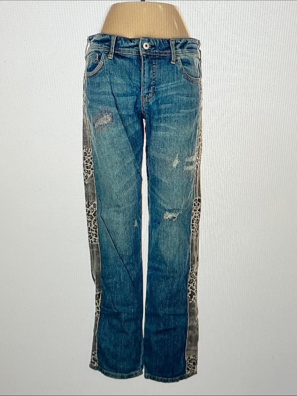 Pilcro Blue Distressed Flare Jeans with Leopard Side Panels